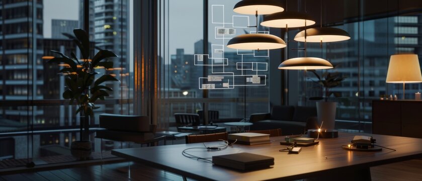 Dimly lit office with chandeliers, overlooking a city view, highlights a sophisticated blend of elegance and contemporary business environment.