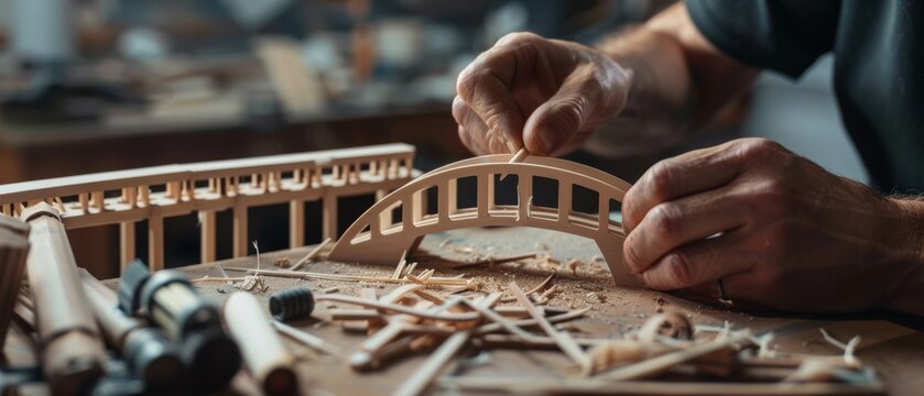 Hands meticulously carve intricate details into a wooden bridge model, surrounded by woodworking tools.