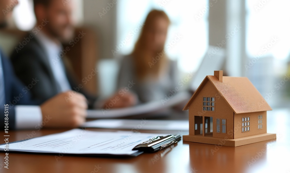 Poster a small house model sits on a table in front of two people signing paperwork.