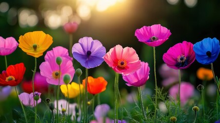 Colorful Poppy Flowers in a Field at Sunset