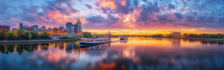 A breathtaking sunset over the Mississippi River showcasing vibrant colors reflecting on the water and a bustling riverside city skyline