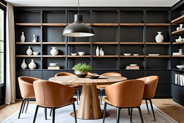Stylish dining room interior with a round wooden table, chairs, modern lamp, and a collection shelves.