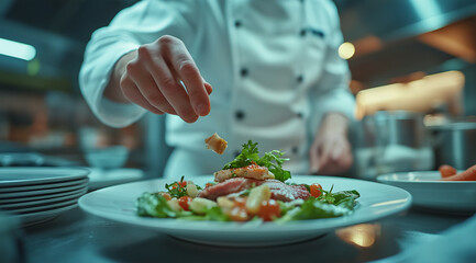 A chef plating up an exquisite dish in the kitchen of his restaurant, with focus on one detail and a soft background blur. The scene captures him using precision to connect ingredi
