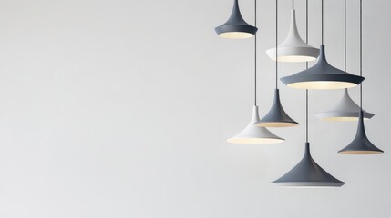 Fototapeta premium Collection of contemporary pendant lights on a white backdrop: Banner layout.