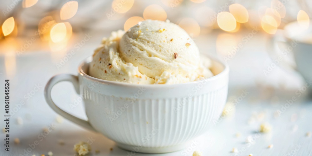 Poster a close-up shot of a cup of vanilla ice cream with a blurred background of golden bokeh lights.