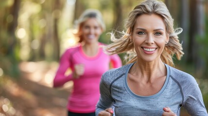 Obraz premium Happy athletic woman running in nature in the morning.