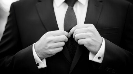 A man in a suit is adjusting his tie. Concept of formality and professionalism, as the man is dressed in a suit and tie