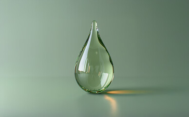 A glass drop with a green tint. The drop is sitting on a green surface. The drop is clear and has a shiny appearance