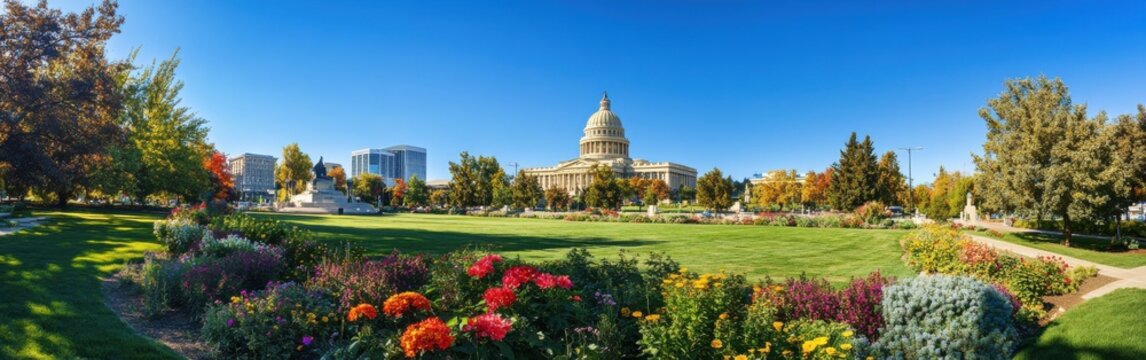 Fototapeta A captivating autumn view of the Idaho State Capitol surrounded by blooming flowers and clear blue skies