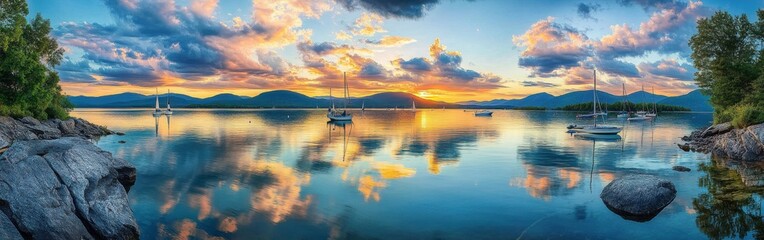A breathtaking view of Lake Champlain at sunset with sailboats reflecting in the calm waters and vibrant clouds above