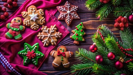 A Festive Christmas Table Setting with Gingerbread Cookies, Christmas Decorations, and a Red Napkin