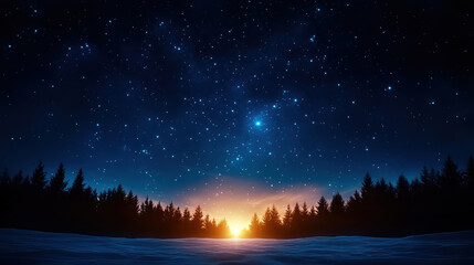 Naklejka premium A beautiful night sky with a bright sun setting in the distance. The sky is filled with stars and the trees are silhouetted against the dark sky