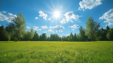 Fototapeta premium A lush green field with trees in the background, under a clear blue sky with white clouds and a bright sun.