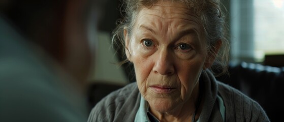 An elderly woman with a thoughtful gaze listens intently, her wrinkled face reflecting wisdom and kindness in a warmly lit room.