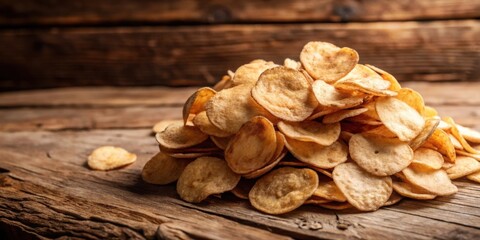 A pile of crispy, golden potato chips on a rustic wooden surface, ready to be enjoyed