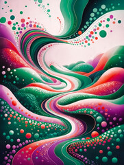 Abstract vertical watercolor pattern of bright wavy lines and dots. Boho style