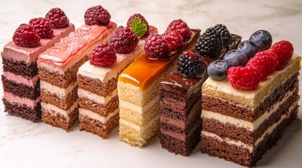 Assorted Cake Slices Displayed on White Background - Variety of Flavors and Designs, Ideal for Culinary and Dessert Visuals