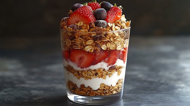 Strawberry parfait with layers of yogurt, fresh strawberries, and granola, served in a clear glass