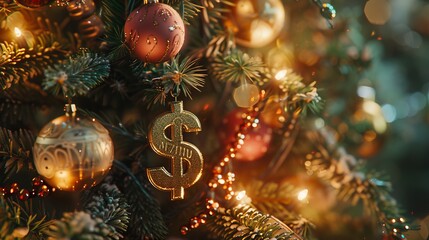 Elegant dollar symbol hanging on a lush christmas tree, reflecting festive season expenses