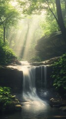 A tranquil afternoon at the majestic forest waterfalls surrounded by lush greenery and gentle sunlight filtering through the trees