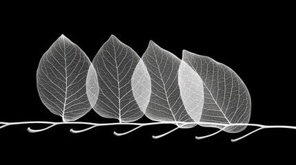White Skeleton Leaves on Black Background Nature Art Photography