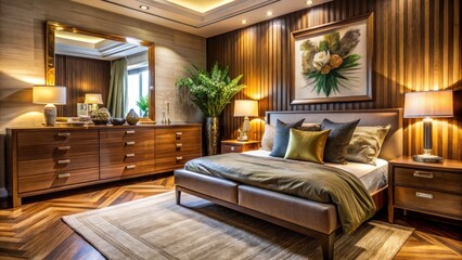 Naklejka premium Luxurious Modern Bedroom with Elegant Wooden Dresser and Rich Textiles, Soft Lighting, Stylish Decor Accents, Cozy Atmosphere, High-End Interior Design, Serenity and Comfort