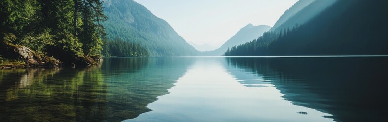Obraz premium A tranquil morning at Lake with crystal clear waters reflecting nearby mountains and trees