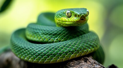 A bright green snake with black eyes, curled up on a tree branch.