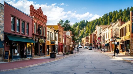 Fototapeta premium A quiet morning along the historic main street of a charming town surrounded by lush mountains