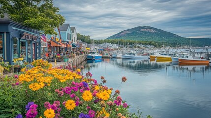 Charming fishing village with colorful flowers and boats by the serene harbor on a cloudy day
