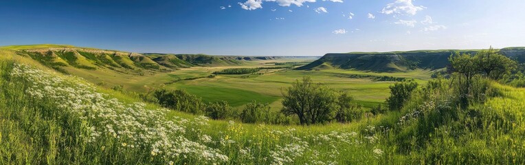 Obraz premium A tranquil view of the Red River Valley showcasing lush green fields and rolling hills under a clear blue sky during the day