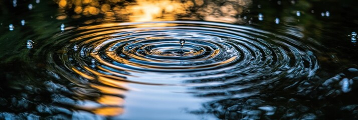 A single drop of water creates concentric ripples in a still pond, reflecting the surrounding foliage and sky.