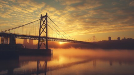 Fototapeta premium A tranquil sunset over the iconic bridge, reflecting on the calm water and illuminating the city skyline in the background