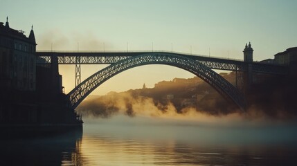 A tranquil morning view of a famous bridge spanning a river with mist rising over the water in an iconic city