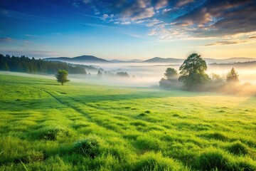 Obraz premium A misty morning scene with a vast expanse of green grass stretching towards a distant hill, verdant fields, green grass