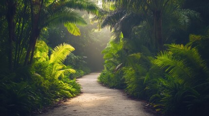 Obraz premium A tranquil path winding through lush tropical foliage under soft morning light