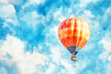 Fototapeta premium A vibrant hot air balloon soaring high against a bright blue sky with fluffy clouds, evoking feelings of freedom and adventure.