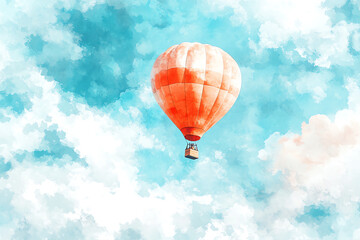 Naklejka premium A vibrant hot air balloon soaring in a blue sky filled with fluffy clouds, capturing the essence of adventure and freedom.