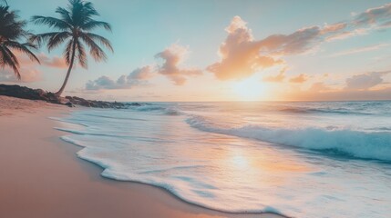A tranquil beach at sunrise with gentle waves and palm trees silhouetted against the colorful sky