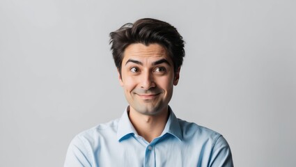 Obraz premium A man in a light blue shirt expresses a playful smile against a pale background during a casual indoor setting