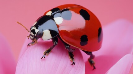 Fototapeta premium Closeup of Ladybug on Pink Flower Petal Springtime Insect Macro Photography