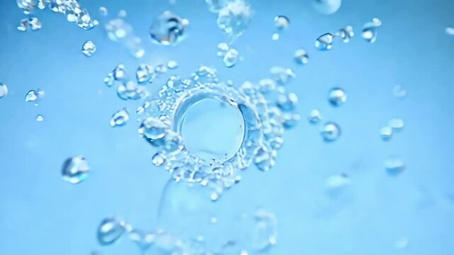 Vibrant splashing water droplets in motion against a blue abstract background