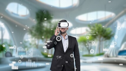 Smart manager turning on VR headset while analyzing at financial statistic. Business man wearing virtual reality goggle while checking and looking at statistic chart. Technology innovation. Apparatus.