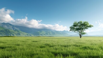 Fototapeta premium A serene landscape featuring a solitary tree on a green meadow, with mountains and a blue sky in the background.