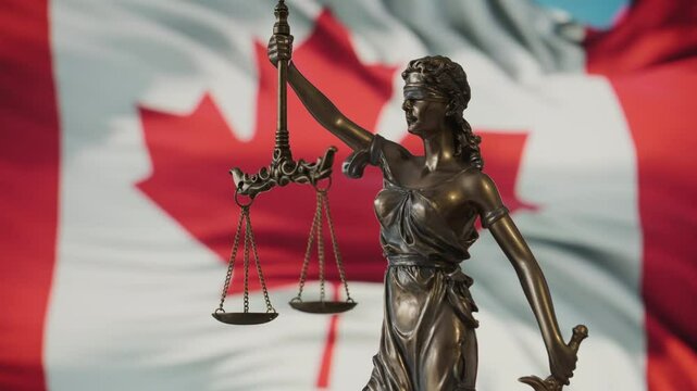 Lady Justice statue with Canadian flag as background. Canada Law and justice concept. Legal system.	