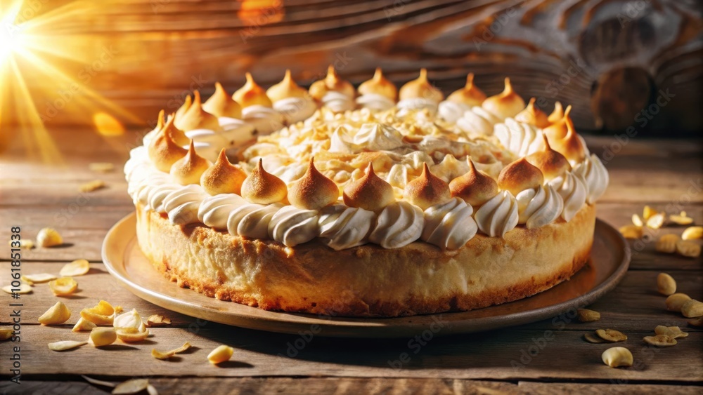 Aufkleber a close-up of a delectable round cake adorned with fluffy meringue swirls, sitting on a rustic woode