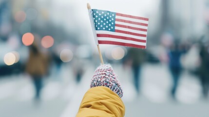 A person holds a small American flag in a bustling street, symbolizing patriotism and national pride amidst a lively urban setting.