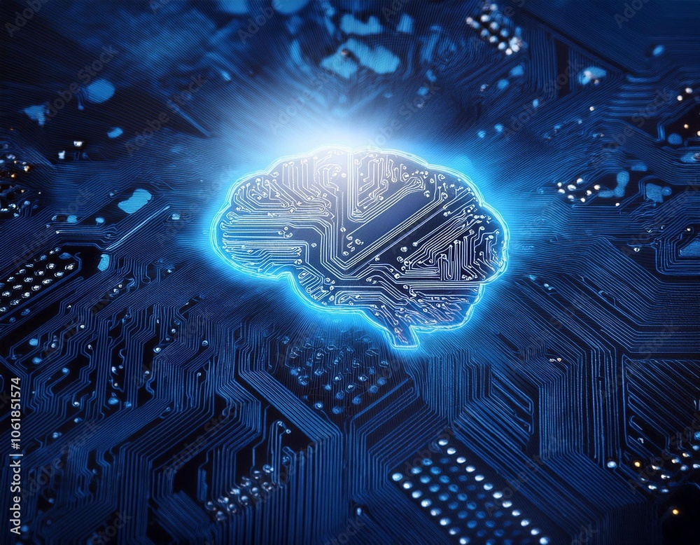 Poster intricate circuit board with illuminated brain symbol representing artificial intelligence technolog