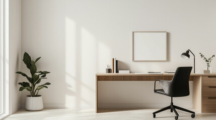 A bright, minimalist home office setup featuring a sleek desk and a stylish chair in a serene environment bathed in daylight