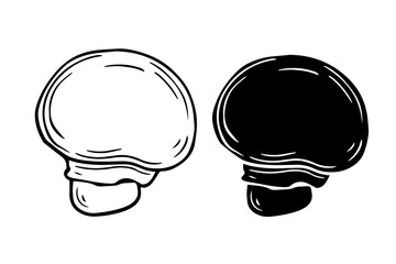Line sketch, stamp, champignon mushroom silhouette. Vector graphics.